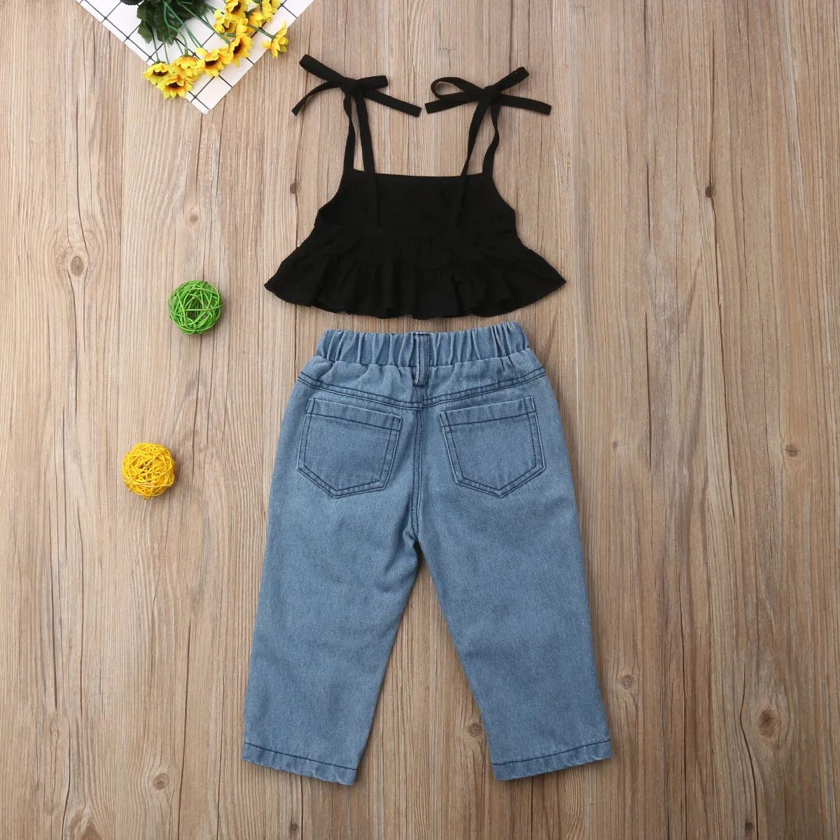 2021 New Fashion Toddler Kids Baby Girl Strap Vest Tops Fishnet Ripped Denim Pant Jeans Outfits Children Girls Clothing Set235334201