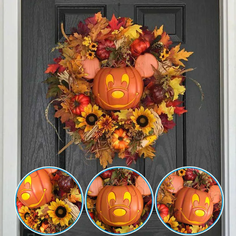 Хэллоуин украшения осенью тыквенный венок для входной двери с тыквами искусственные клены подсолнечники осенью урожай праздник декор Y0901