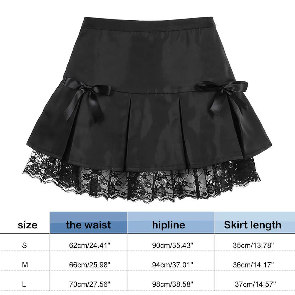 Mode kvinnor svart goth estetiska pläterade kjolar spets trim low midja e tjej mini kjol punk mörk akademia y2k dans streetwear 210621