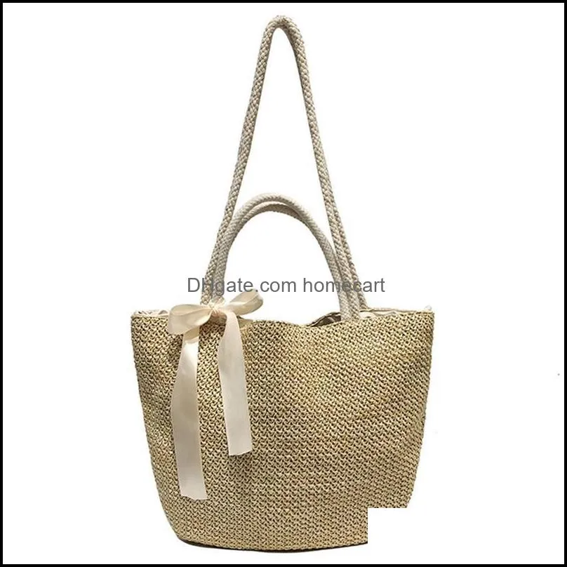 Evening Bags Straw Bag, Bowknot, Ladies Tote Drawstring Beach Hand-Held Single-Shoulder Diagonal Large Bag
