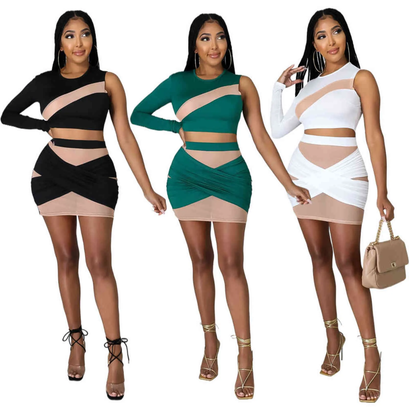 Frauen Zweiteilige Mesh-Patchwork-Anzüge Eine Schulter Crop Top Bodycon Minirock Set Sexy Outfits 211116