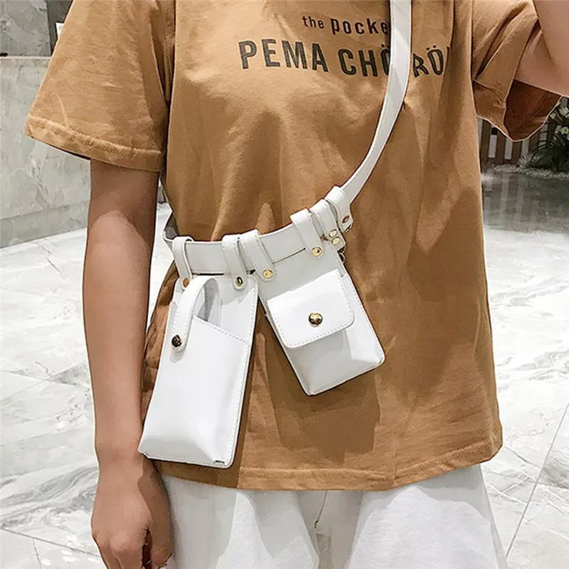 Punk Style Dual Pouch Women Belt Bag Keychain PU Leather Waist Bags Fashion Fanny Pack Letter Print Design Stylish303V
