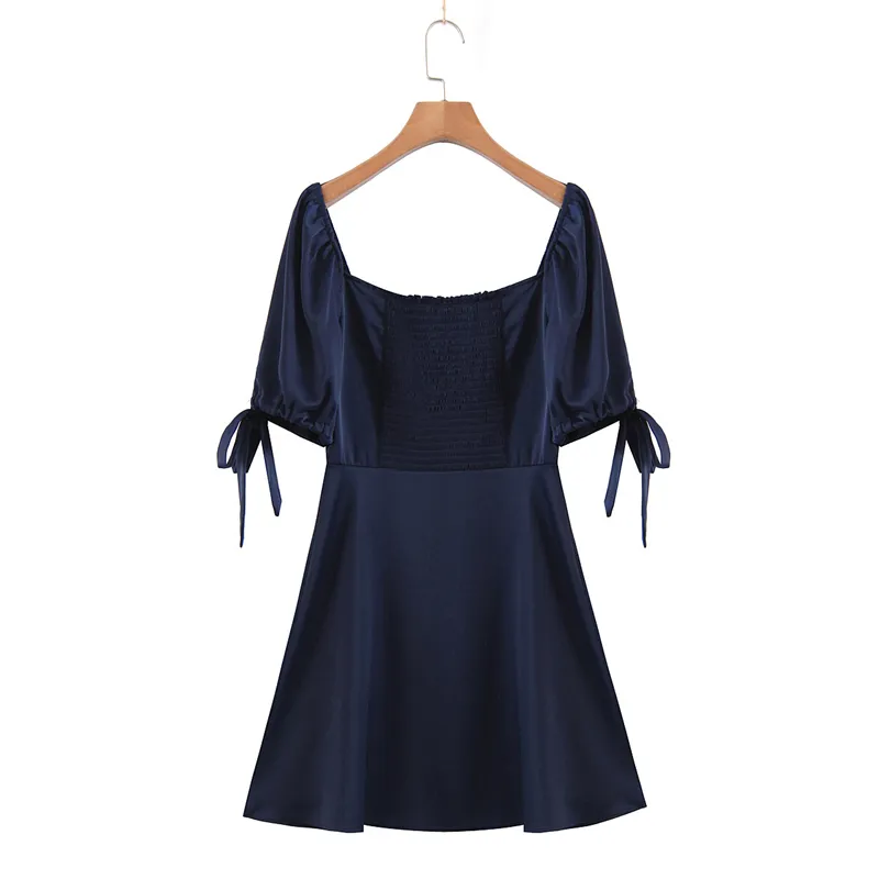 Mode d'été Vintage Style français bleu marine Mini robe femmes décontracté col carré robes femme Streetwear 210508