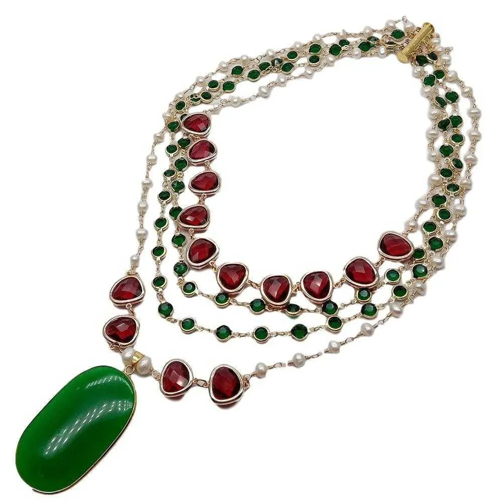 Y · YING naturel 4 brins de culture blanc perle d'eau douce rouge cristal lunette chaîne déclaration collier vert pierre pendentif collier