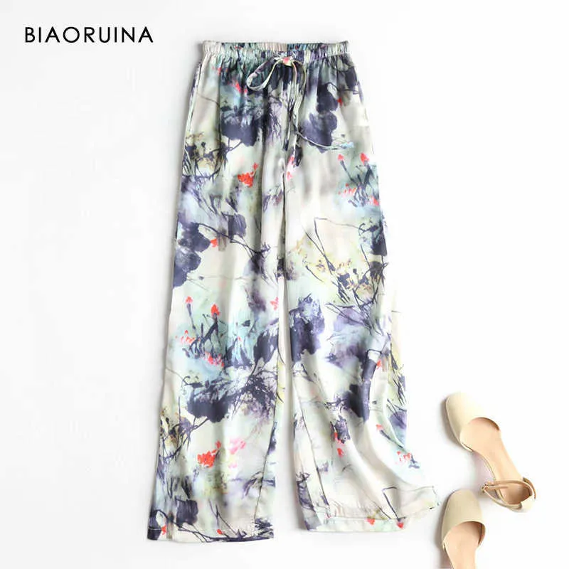 BIAORUINA Amerikanischen Stil Frauen Tinte Gedruckt Gerade Hosen Weibliche Sommer Mode Hohe Taille Breite Bein Lose Hosen Hosen Q0802