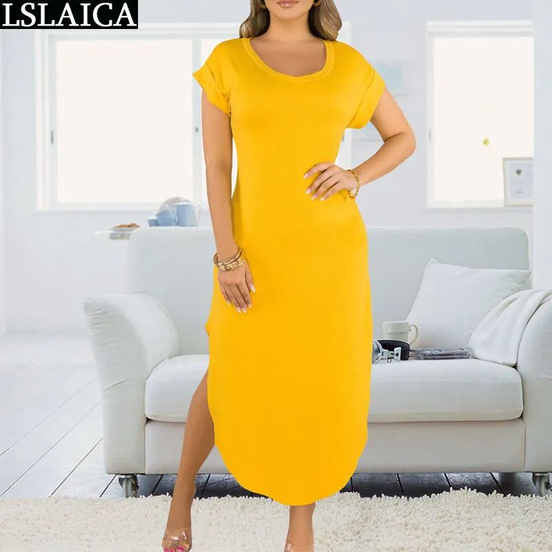 Moda longa vestido mulheres cor sólida o-pescoço elegante partido casual manga curta magro maxi es para o clube de escritório 210515