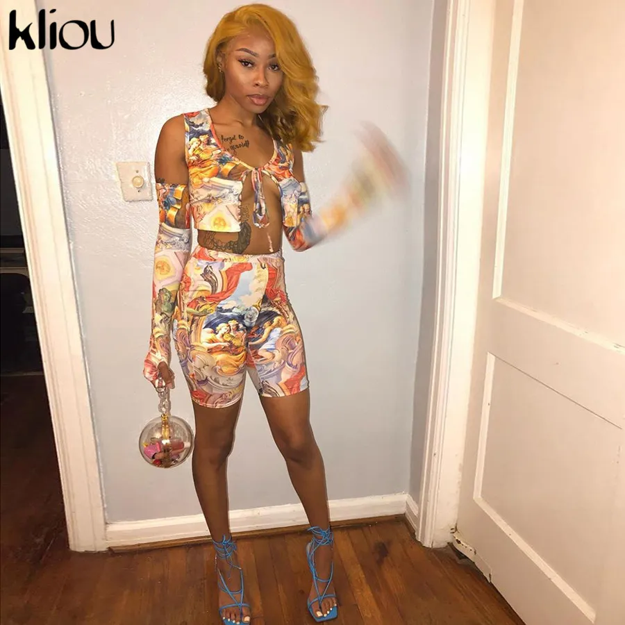 Kliou Cartoon Imprimir Oco Out Quente Sexy Colorido Colorido Dois Peça Set Mulheres 2020 Clubwear Partido Bandage Crop Top e Shorts Outfits X0428