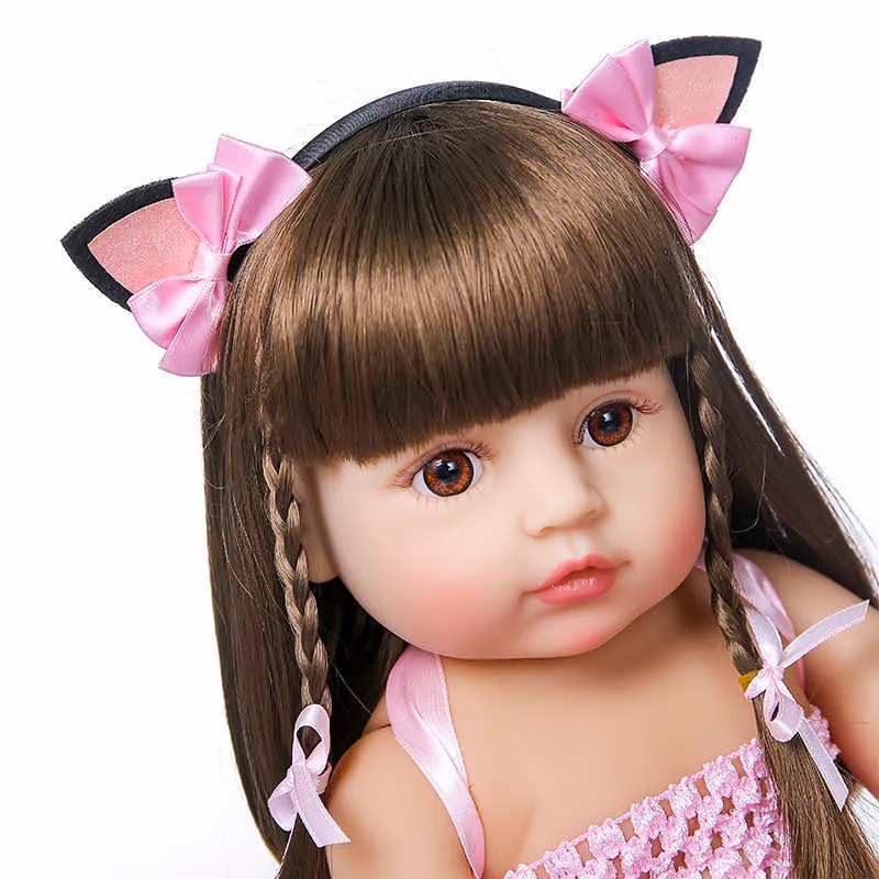 55 cm npk bebe pop herboren peuter meisje roze prinses baty speelgoed zeer zachte volledige lichaam siliconen meisje pop q0910