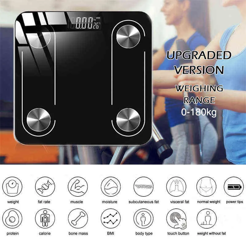 Balança de gordura corporal Bluetooth Bluetooth Smart Body Scala Banheiro Escalas de Peso Corporal Composição Analisador Sincronizar Língua de Telefone H1229