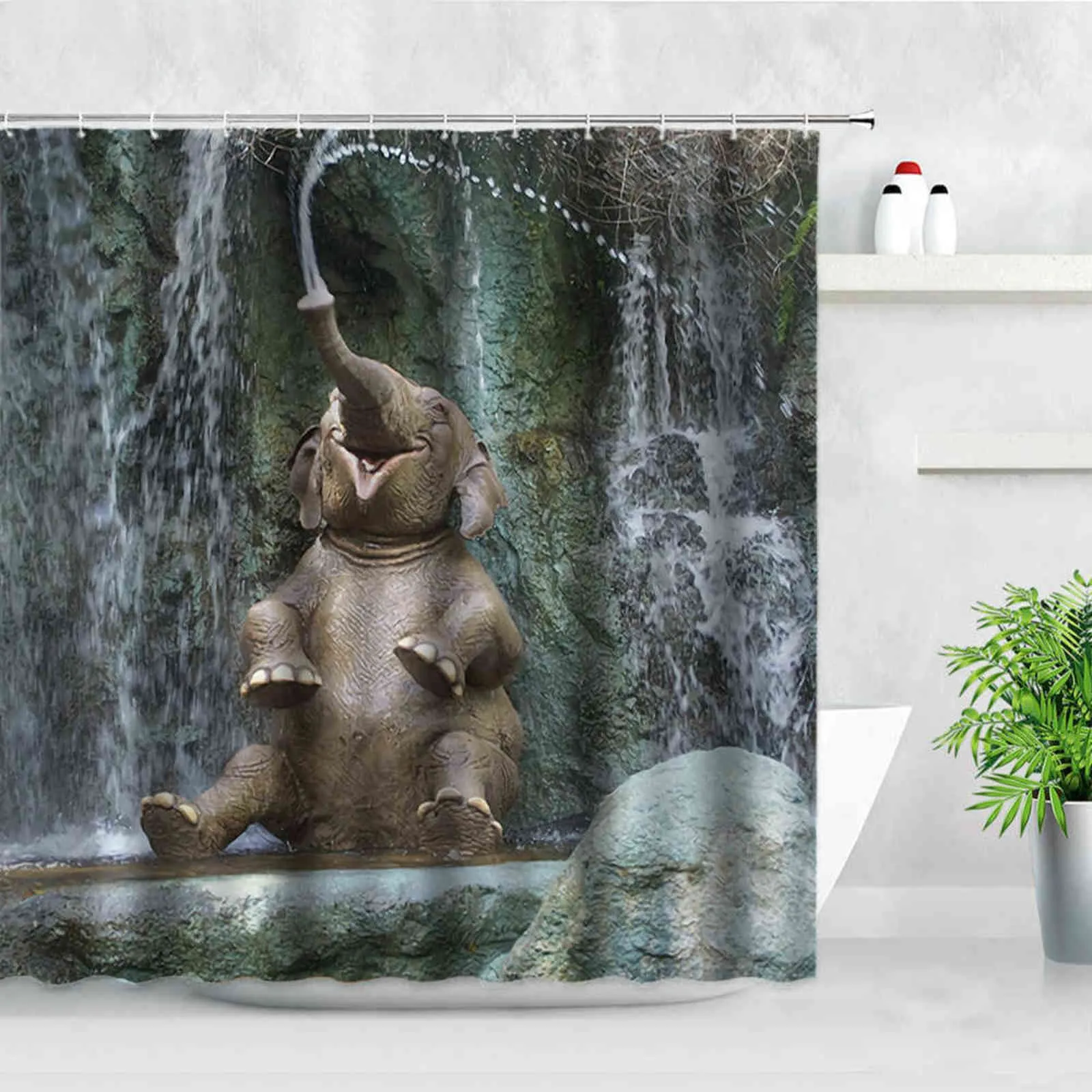 Cute Elephant Shower Curtains Funny Animals Water Spray Waterfall Natural Water Color Art Modern Bathroom Decor Bath Curtain Set 211116