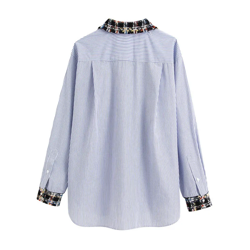 Sweet Tweed Patchwork Blouses rayées à manches longues poches lâches chemises féminines vêtements de travail mignons 210430