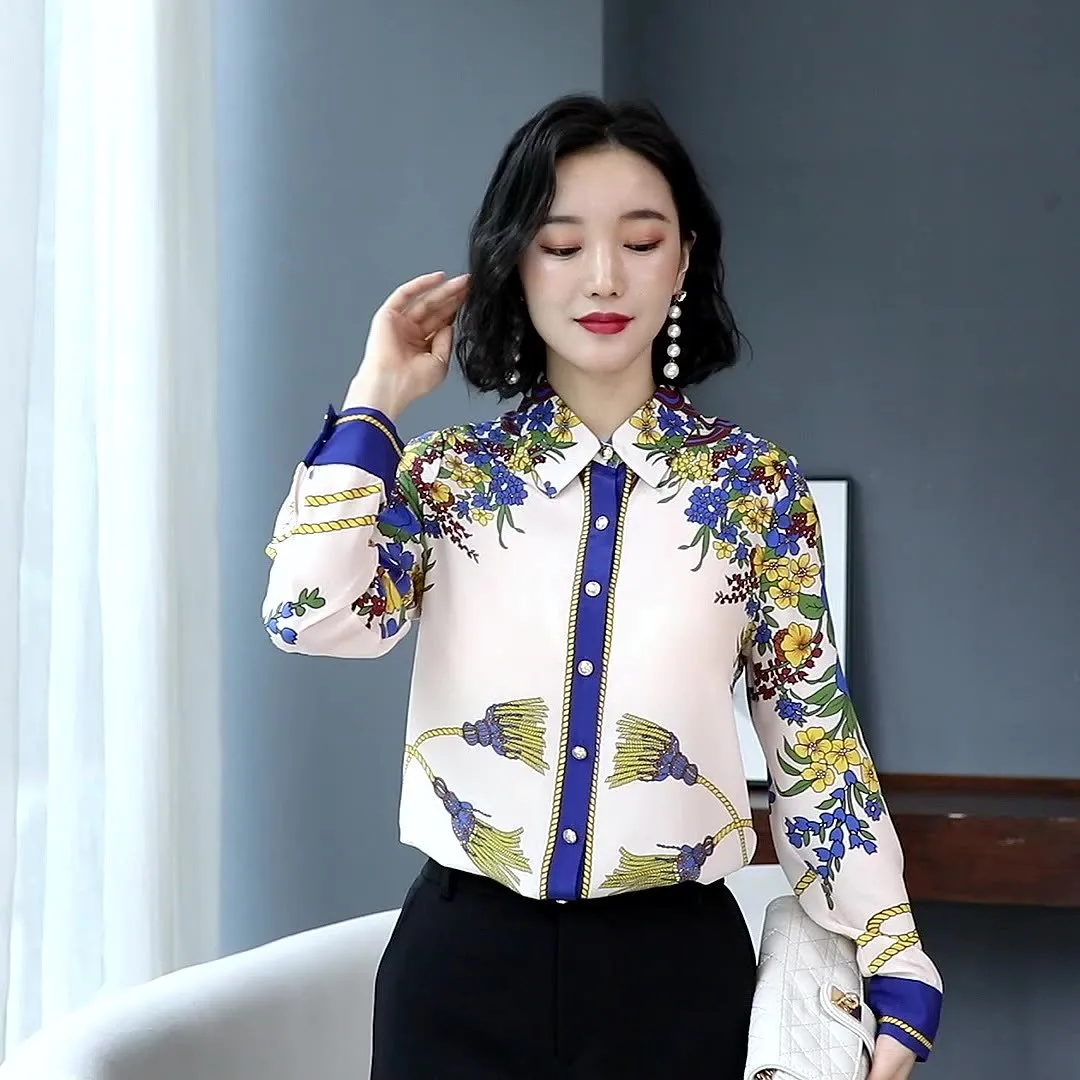 Camicia da donna primavera autunno coreano stampa retrò risvolto camicetta casual sottile e sottile manica lunga femminile top LL777 210506