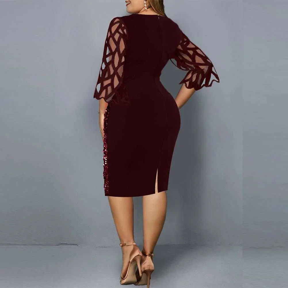 Party Sukienki Cekiny Plus Size Damska Dress 2021 Mesh See przez Długi Rękaw Bodycon Sukienka Wedding Evening Party Club Dress Y1006