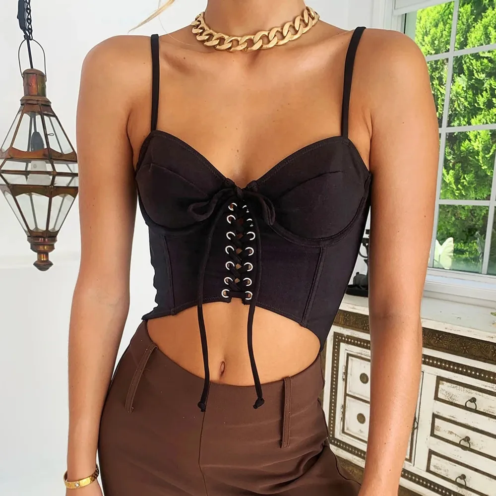 Lace Up Front Sommer Schwarze Camis für Frauen Slim High Street Bandage Crop Top Party Club Weibliche Mode Tops Bluse Y2K 210427