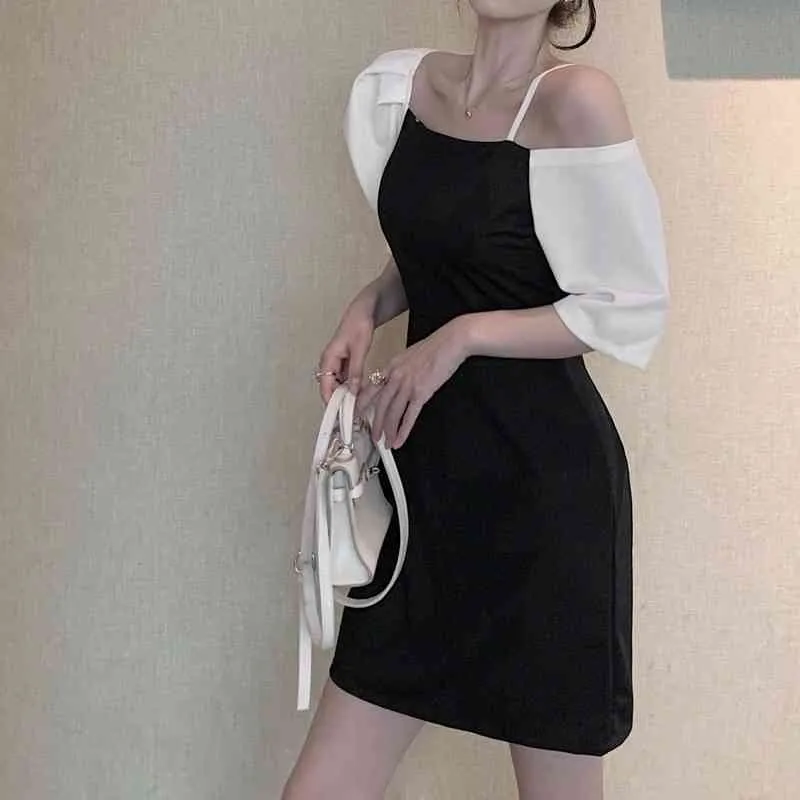 Ezgaga koreanska mode kontrast klänning kvinnor kortärmad axel asymmetrisk smal midja kontor dam chic klänning sommar 210430