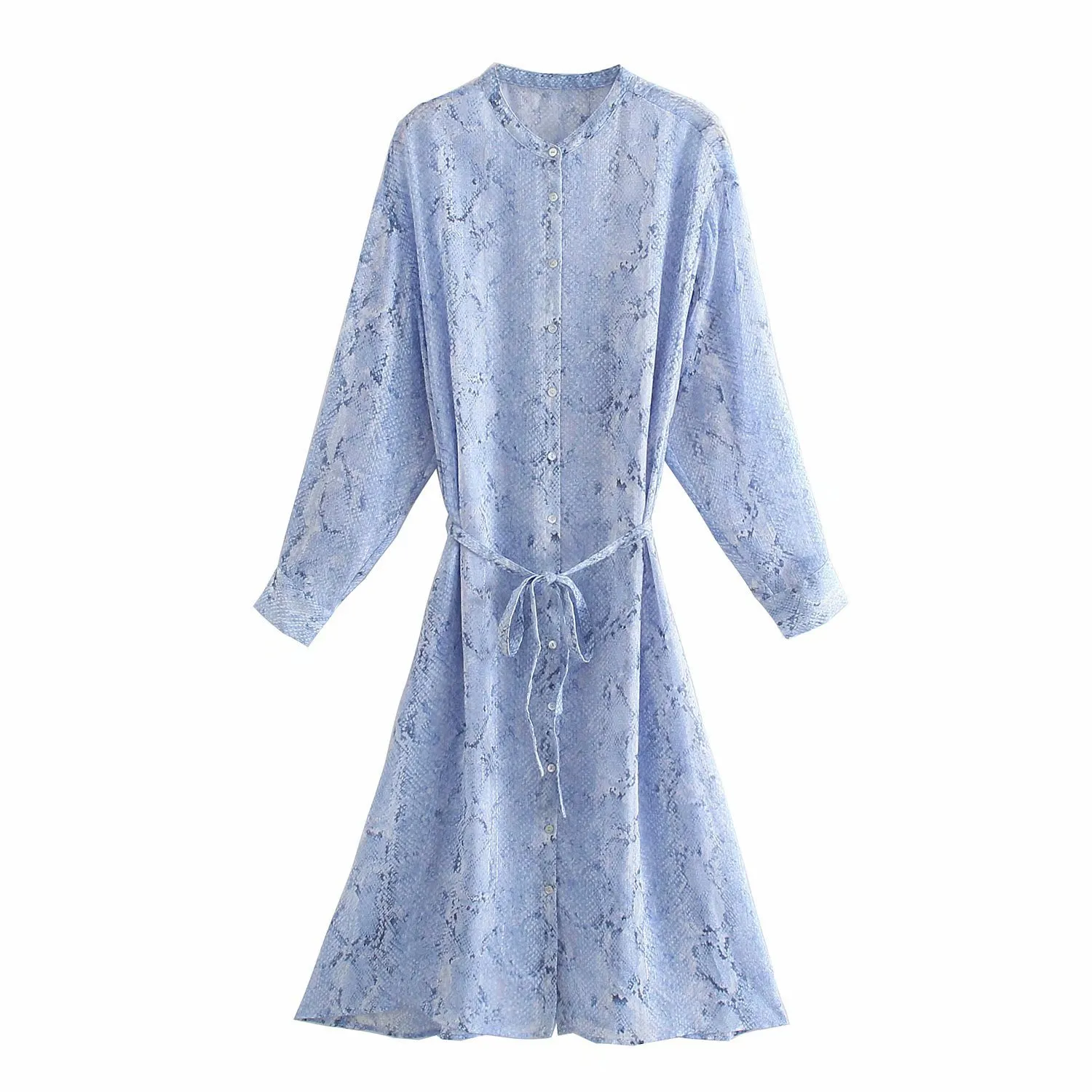 Dresses Blue Print T Shirt Midi Woman Summer Long Sleeve Button Up Women Fashion Going Out Vestidos Belt 210430