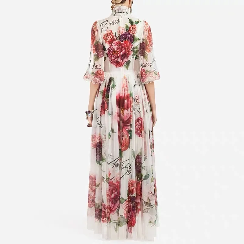 Runway projektant kwiat róży list vintage luksusowa sukienka maxi dla kobiet boho szata de mujer z długim rękawem łuk kołnierz vestidos 210421