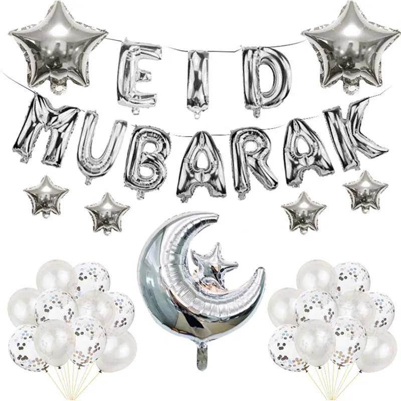 1 ensemble de ballons en aluminium avec lettres Eid Mubarak, décorations pour Ramadan Kareem, bannière étoile lune, ballons à hélium, fournitures de fête islamique musulmane