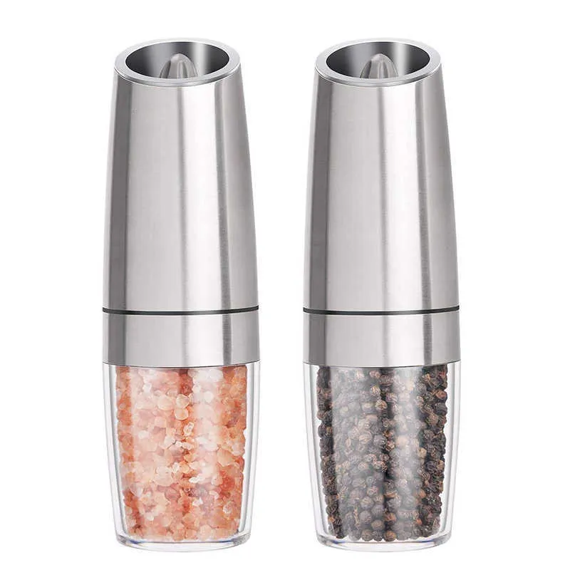 Electric Salt and Pepper Grinder Stainless Steel Mill with Blue LED Light Automatic Cooking Tools 210713