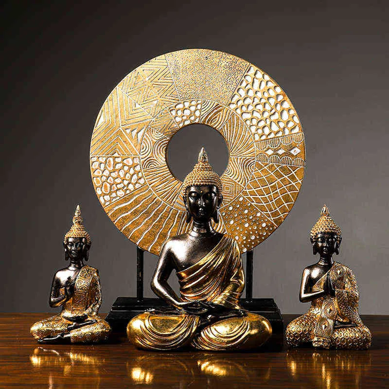 Goldene Buddha-Statue, Kunstharz, handgefertigt, thailändische Buda-Buddha-Statue, Kunsthandwerk, dekorative Verzierung, Heimdekoration 220113