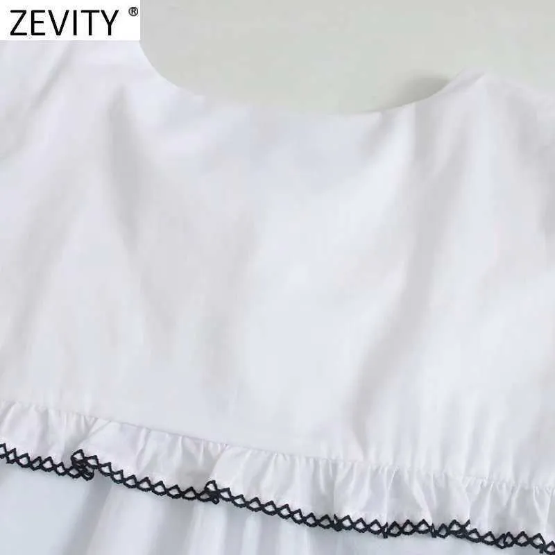Zevity Women Sweet Black agarciレースエッジ装飾フリルホワイトスモックブラウスオフィスレディーコートシャツシックブロストップスLS7441 210603
