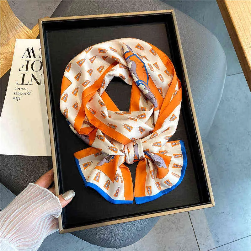 New 2021 Brand Silk Satin Skinny Scarf Women Print Horse Neck Tie Girls Hair Band Bag Belt Ribbon Bandana Shawl Wraps Foulard Y220228