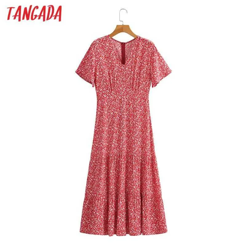 Tangada été rouge imprimé fleuri col en V robe à manches courtes dames longue robe Vestidos 1F123 210609