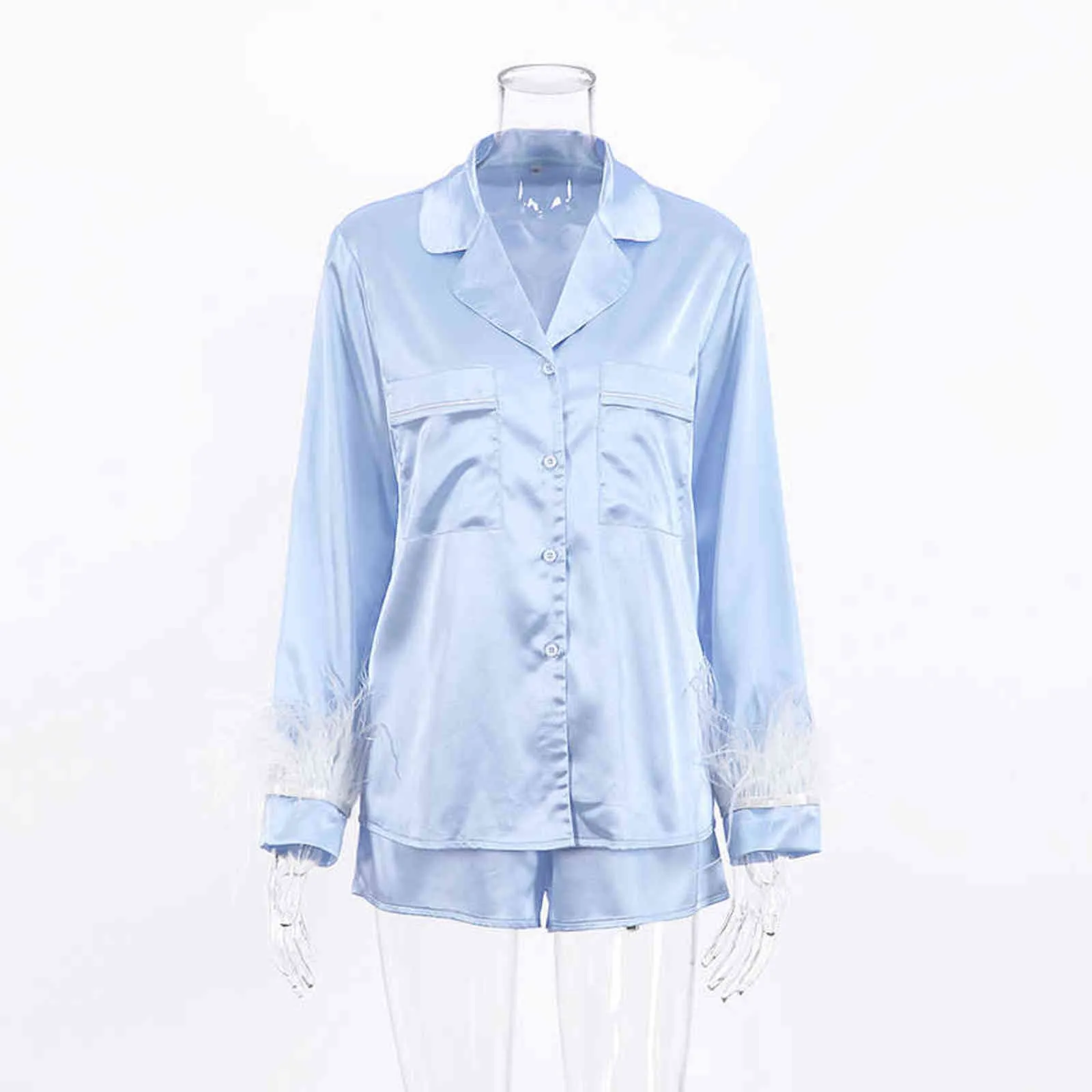 Restve Feathers Pajamas Women Set Long Sleeve Turn Down Collar Top Pockets Autumn Casual Night Suits With Shorts Satin 211112