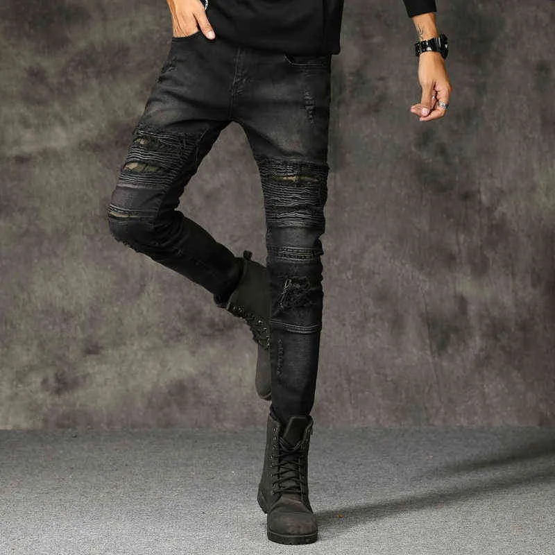 Mäns Jeans Ripped förstörda Biker Hip Hop Stretchy Denim Byxor Slim Fit Male Patches Hole High Street Trousers 211111