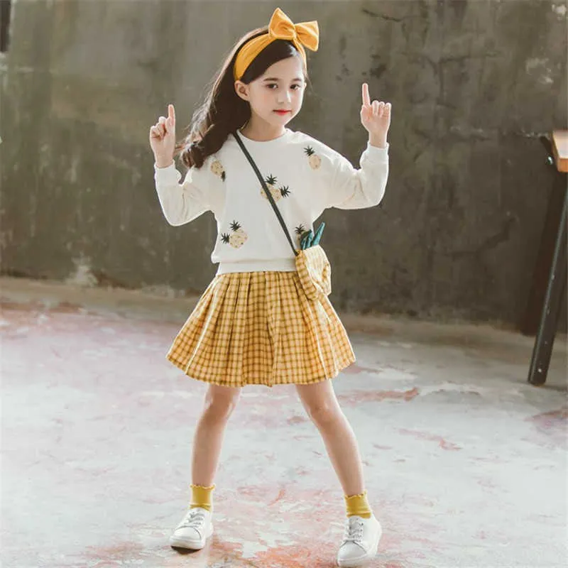 Autumn Kids Girls Clothes Set Pineapple Pattern Sweater + Plaid Ball Gown Dress Long Sleeve Clothing Sets X0902