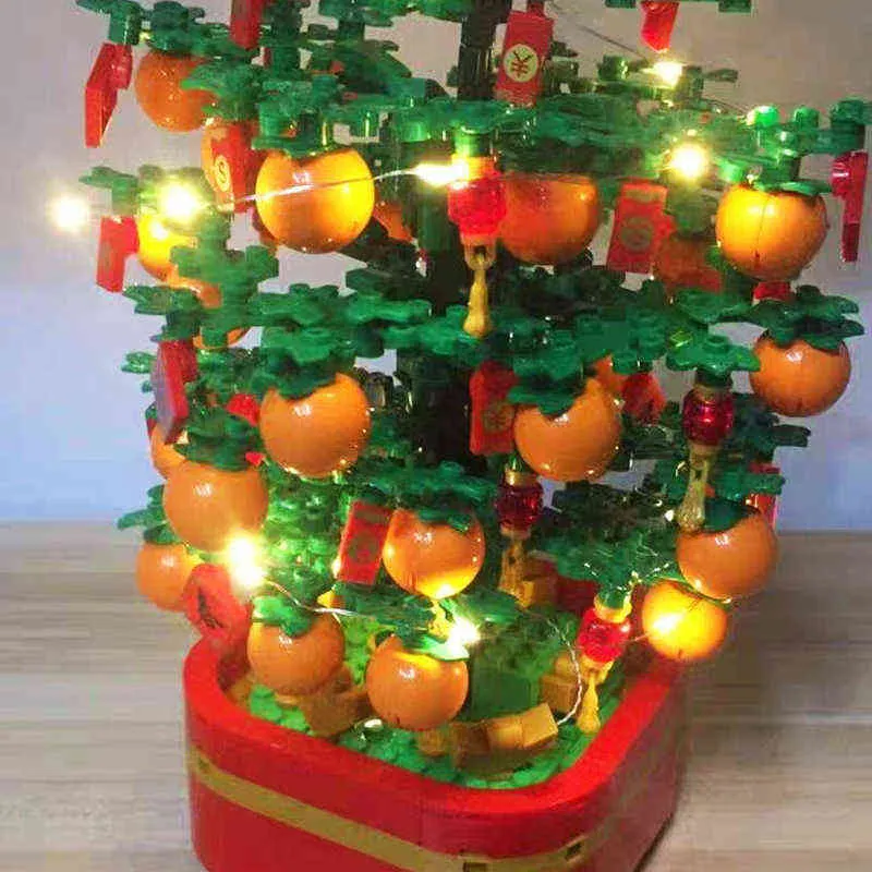 Bloco de bloco de sembo Idéia Chinês Ano Novo Laranja Blocos de Construção Com Luz Criativa Árvore de Natal Tijolos Tijolos Caixa de Música Brinquedos Y220214