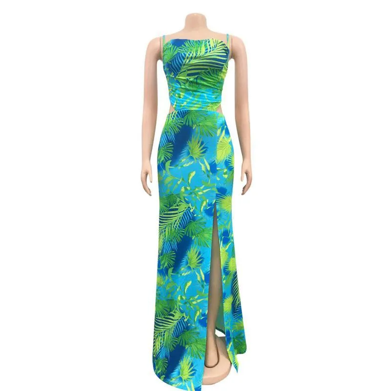 Women Dress Printed Bohemian Deep V Neck Split Backless Spaghetti Strap Maxi es Sexy Long Beach es Summer 210524