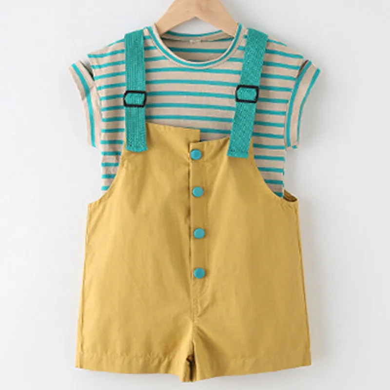 Summer Girl Clothes Set Fashion Short-sleeve Striped Printed T-shirt + Suspender Shorts Casual Toddler Children 210515