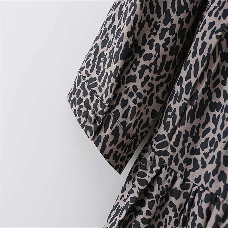 Za Vintage Leopard Drukuj Mini Sukienka Kobiety Z Długim Rękawem Plisowane Luźne Sukienki Kobieta Chic Powrót Otwarcie Walecym Hem Vestido 210602