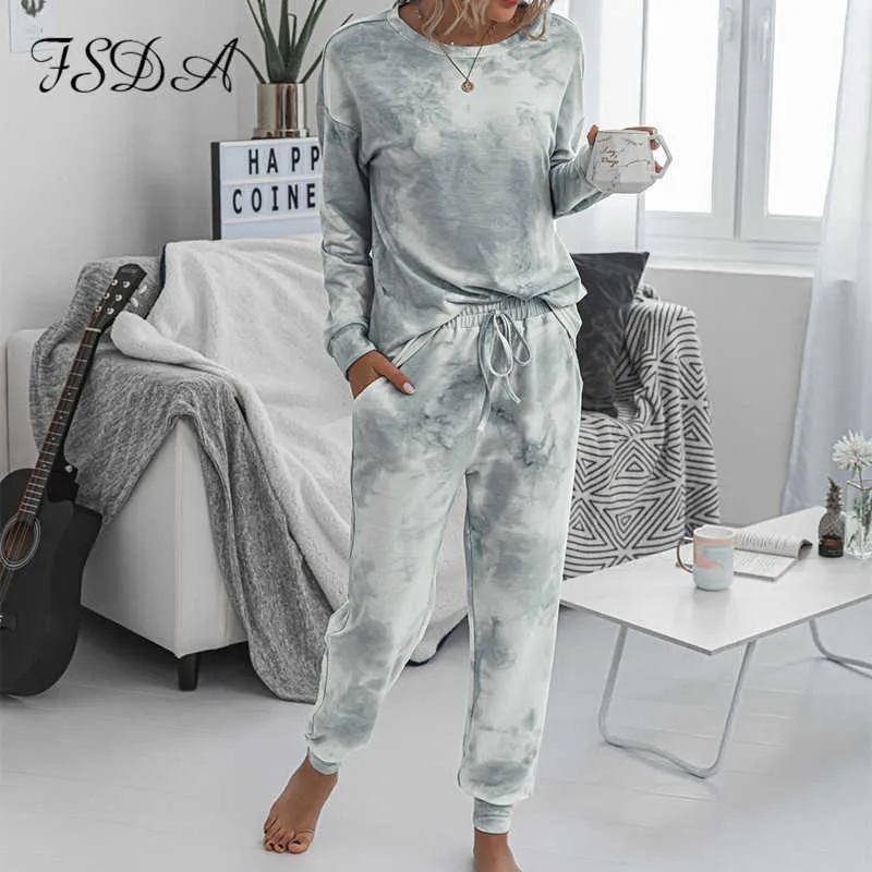 FSDA 2020 Frauen Set Tie Dye Langarm Top Hemd O Hals Und Hosen Trainingsanzug Zwei Stück Set Casual Outfit Lounge Tragen Y0625