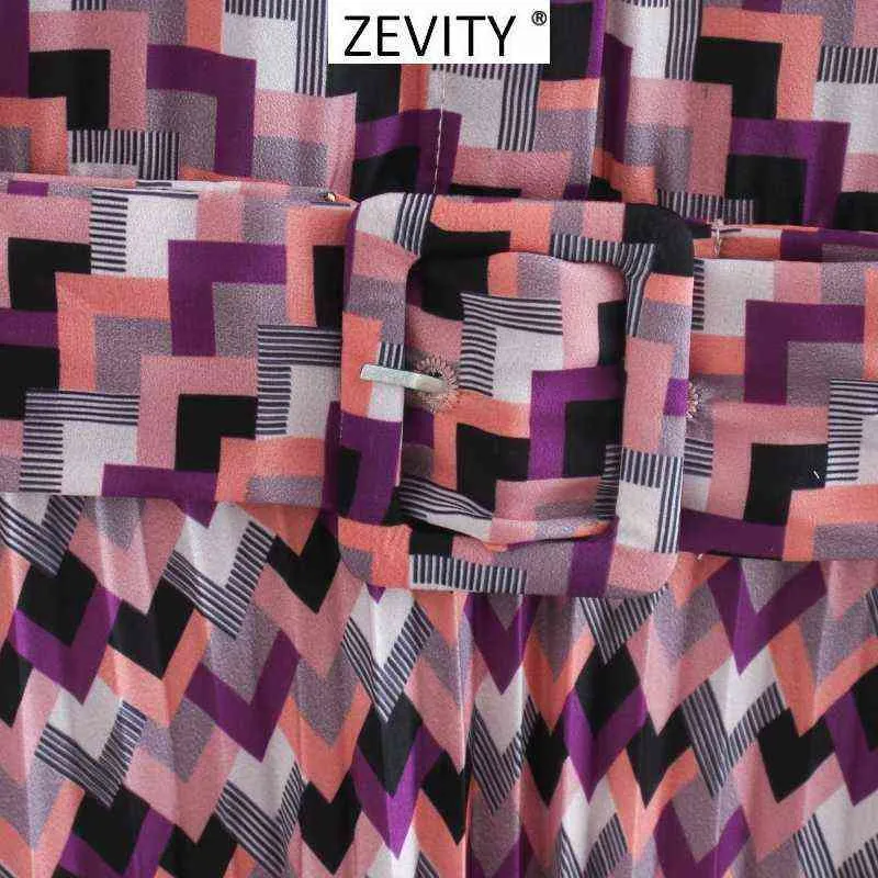 Zevity nuevas mujeres vintage estampado geométrico casual fajas camisa vestido elegante mujer manga larga plisado vestidos de fiesta DS4157 Y1204