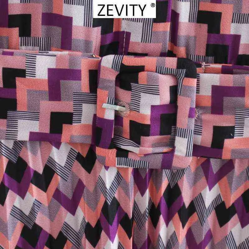 Zevity Nya Kvinnor Vintage Geometrisk Utskrift Casual Sashes Skjorta Klänning Chic Kvinna Långärmad Pläterad Vestidos Party Dresses DS4157 Y1204