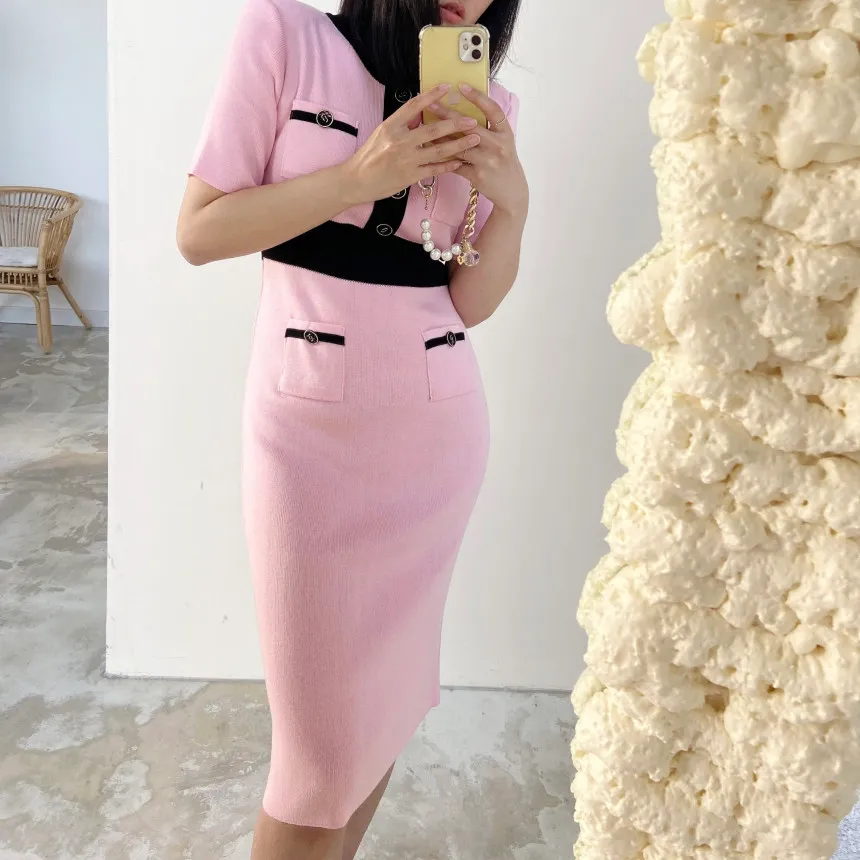 Summer Color-blocked Knitted Dress Women Korean Vintage Elegant Short Sleeve O-neck Dresses Single Breasted Pockets Vestidos 210513