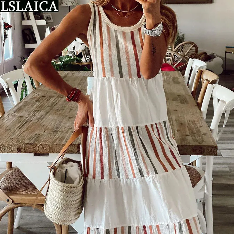 Casual elegante estampado a rayas Patchwork Vestido largo sin mangas A-Line Mujer fiesta Club playa verano Vestido De Mujer 210515