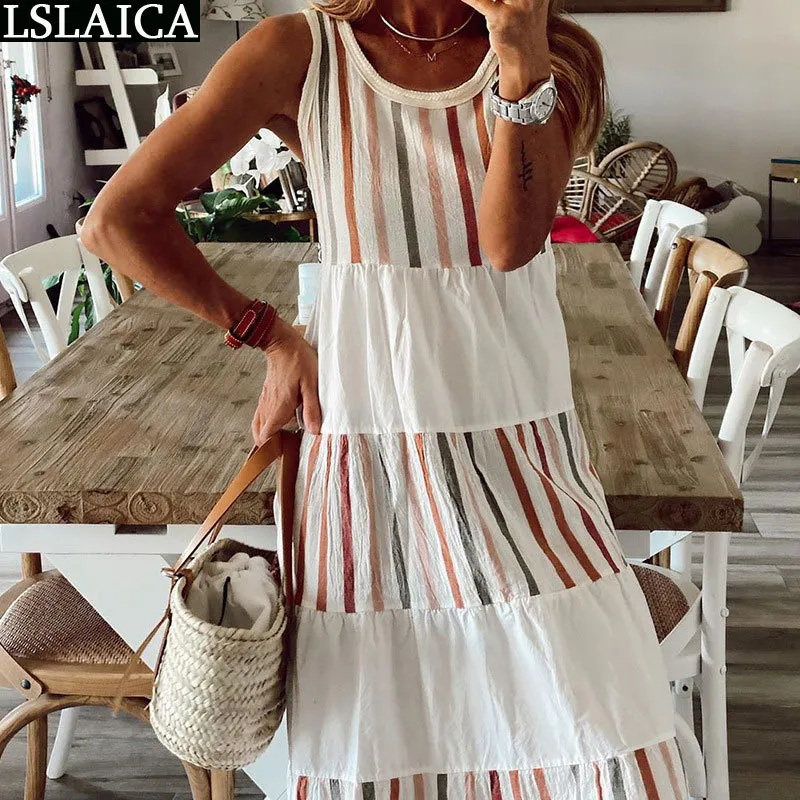 Casual zarif çizgili baskı patchwork uzun elbise kolsuz a-line kadın parti kulübü plaj yaz vestido de mujer 210515