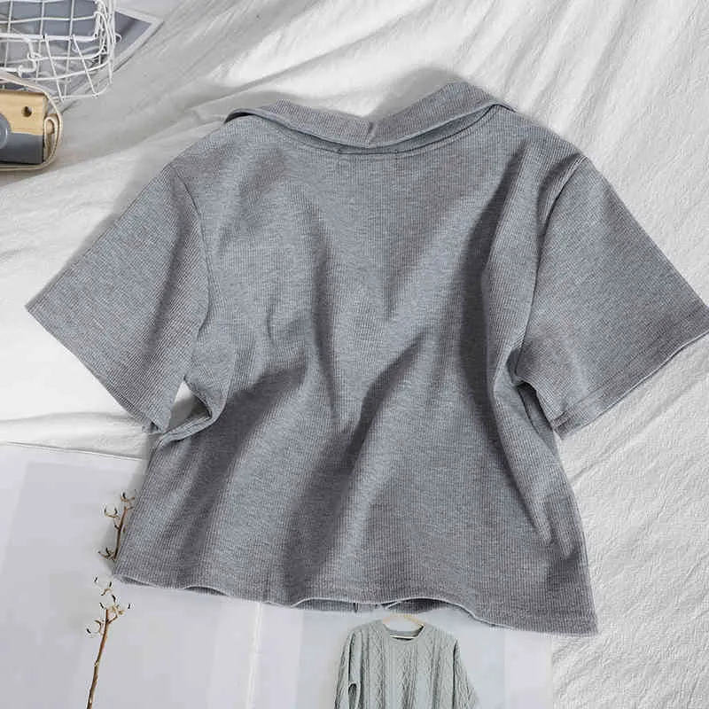 Kimutomo Spring Summer Elegant T-shirt Women Turn-down Collar Short Sleeve Double Zipper Short Tops Knitting Casual 210521