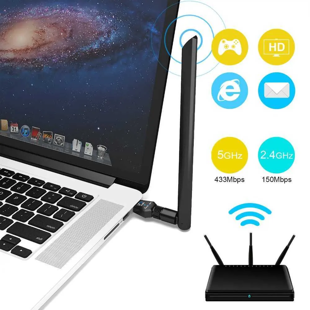 Wifi adapter anteny USB AC600Mbps bezprzewodowy adapter Wi -Fi 600m 2,4G podwójny pasmo karty sieci WIFI 5 GHz 502.11a/b/g/n
