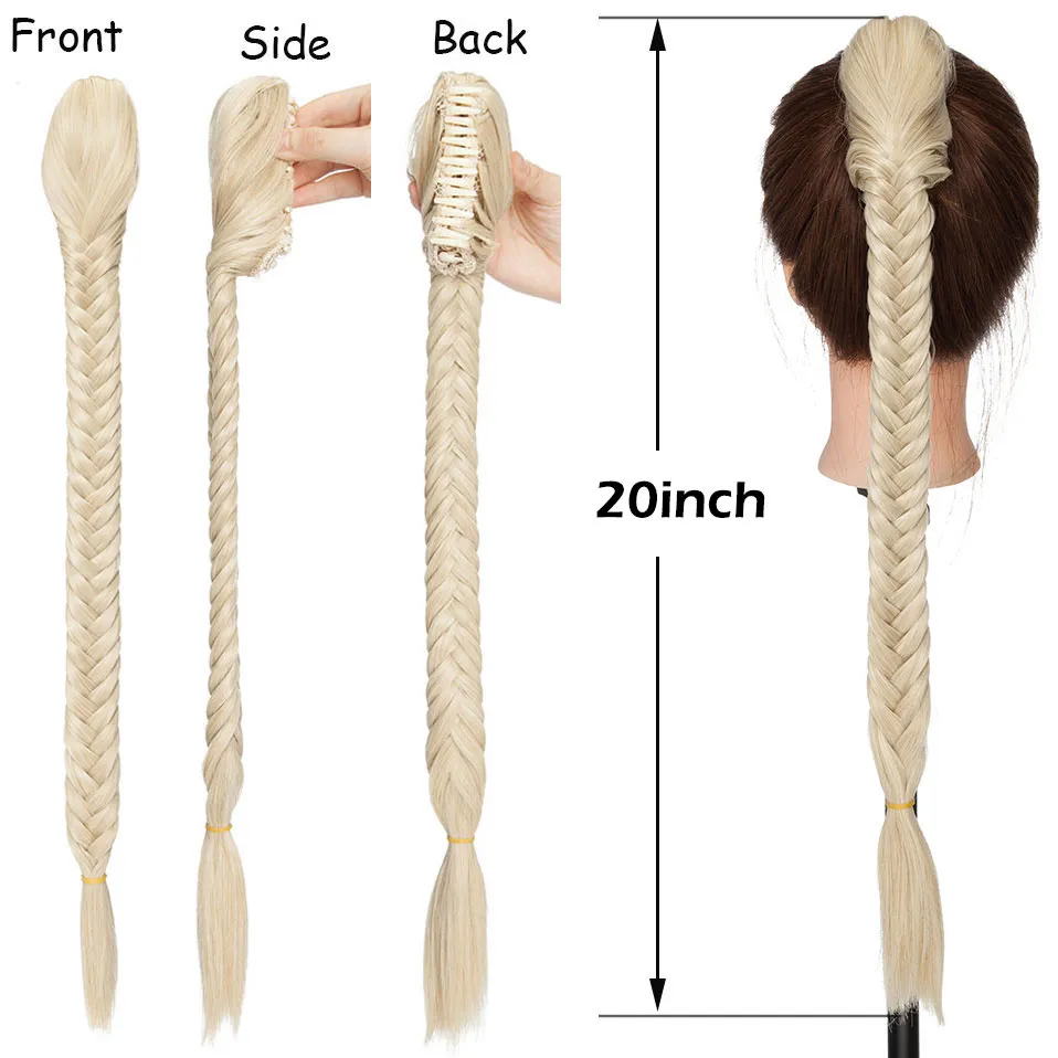 Snoilite 20inch Long Fishtail Braids Hair Extensionsポニーテールヘア合成爪クリップ編組ポニーテールヘアピース4703834944