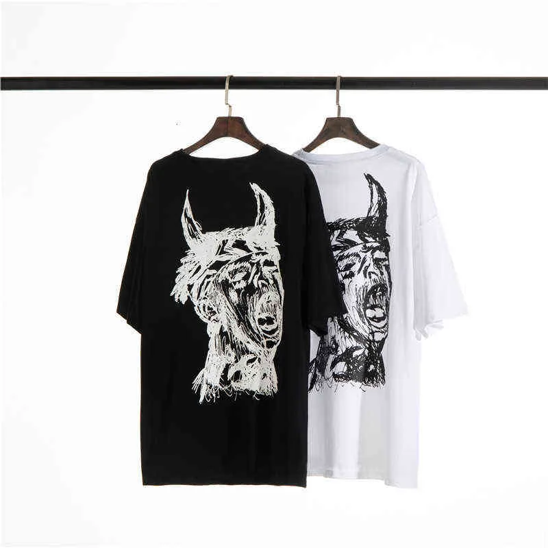 Lato 2022 Moda Marka Revenge Horn Devil Roar Szkic High Street Men's and Women Sleeved T-shirt