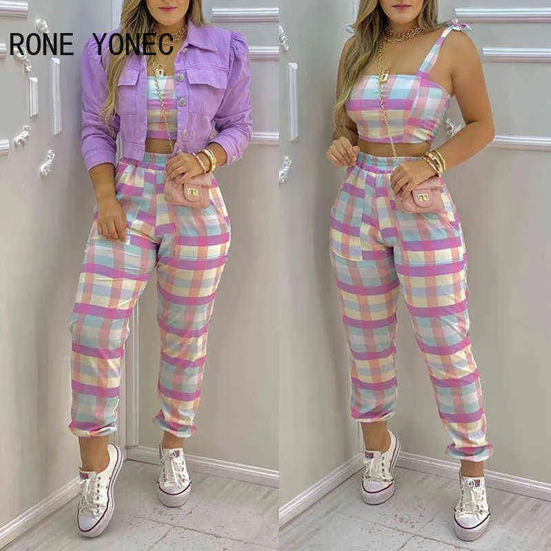 Tuta sportiva da donna in due pezzi a quadri color block Crop Top Pocket Design Pantaloni tuta sportiva 211105