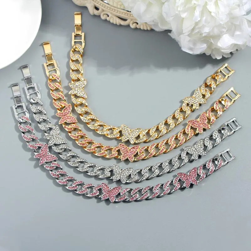 Anklets Rhinestone Butterfly Cuban Link Chain For Women Bling Gold Silver Color Thick Metal Foot Bracelet Punk Rock Leg Jewelry2657