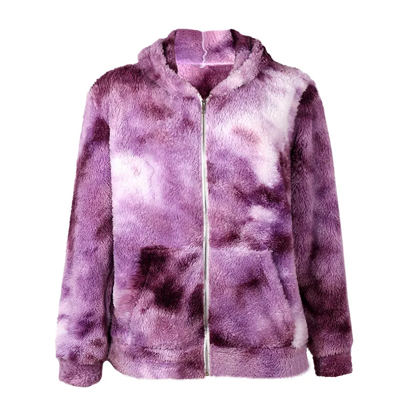 Herbst-Fleece-Knopf-Manteljacke Damen Winter Tie-Dye-bedruckter langärmeliger Kapuzenreißverschluss plus samtdicke Freizeitjacke Damen 210514