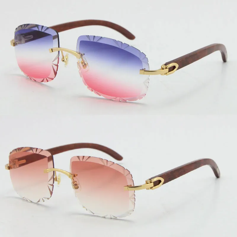 Whole Rimless Wood Carved lens Sunglasses for women Vintage Limited Wooden Trimming Len 18K Gold metal frame Sun glasses Unise279x