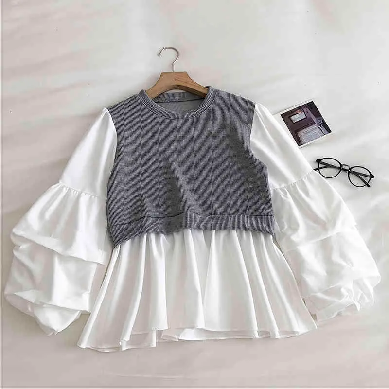 Ezgaga Patchwork Shirts Dames Herfst Nieuw Nep Twee O-hals Puff Sleeve Tops Koreaanse Mode Dames Blouse Casual Kleding 210430