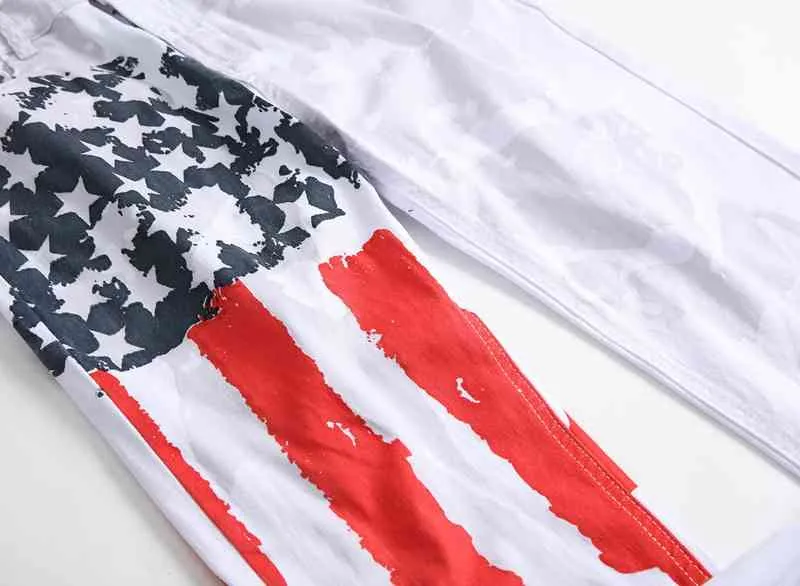 Jeans stampati con bandiera americana bianca da uomo Elastico sottile Casual Stella a cinque punte Strisce rosse Pantaloni taglie forti 41 42 43 44